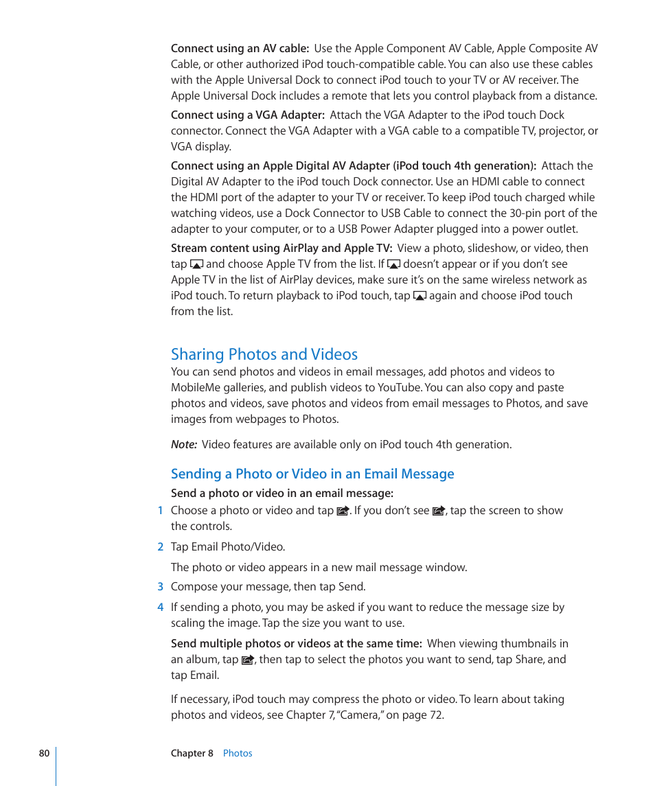 Sharing photos and videos, 80 sharing photos and videos, Sending a photo or video in an email message | Apple iPod touch iOS 4.3 User Manual | Page 80 / 230