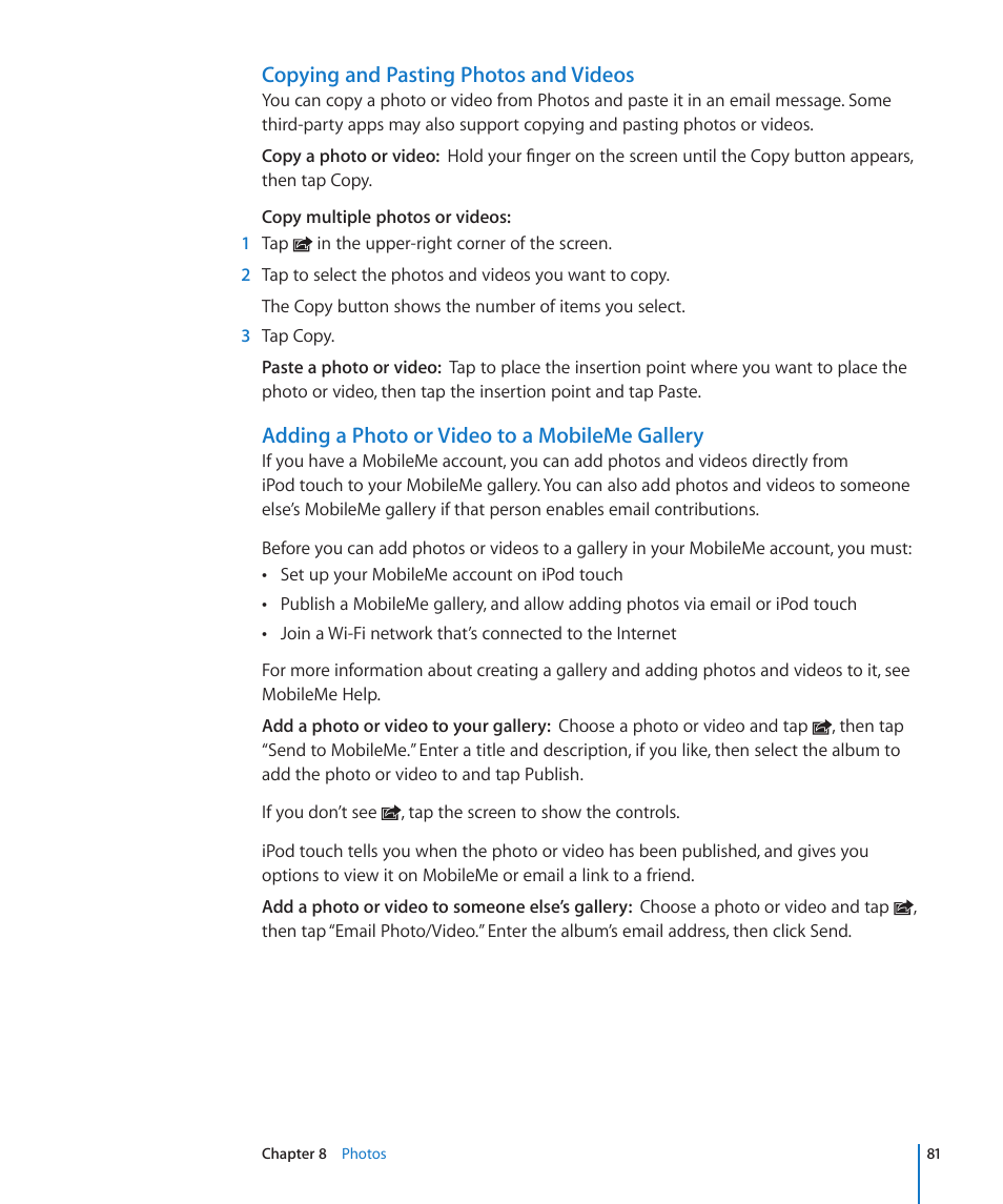 Copying and pasting photos and videos, Adding a photo or video to a mobileme gallery | Apple iPod touch iOS 4.3 User Manual | Page 81 / 230