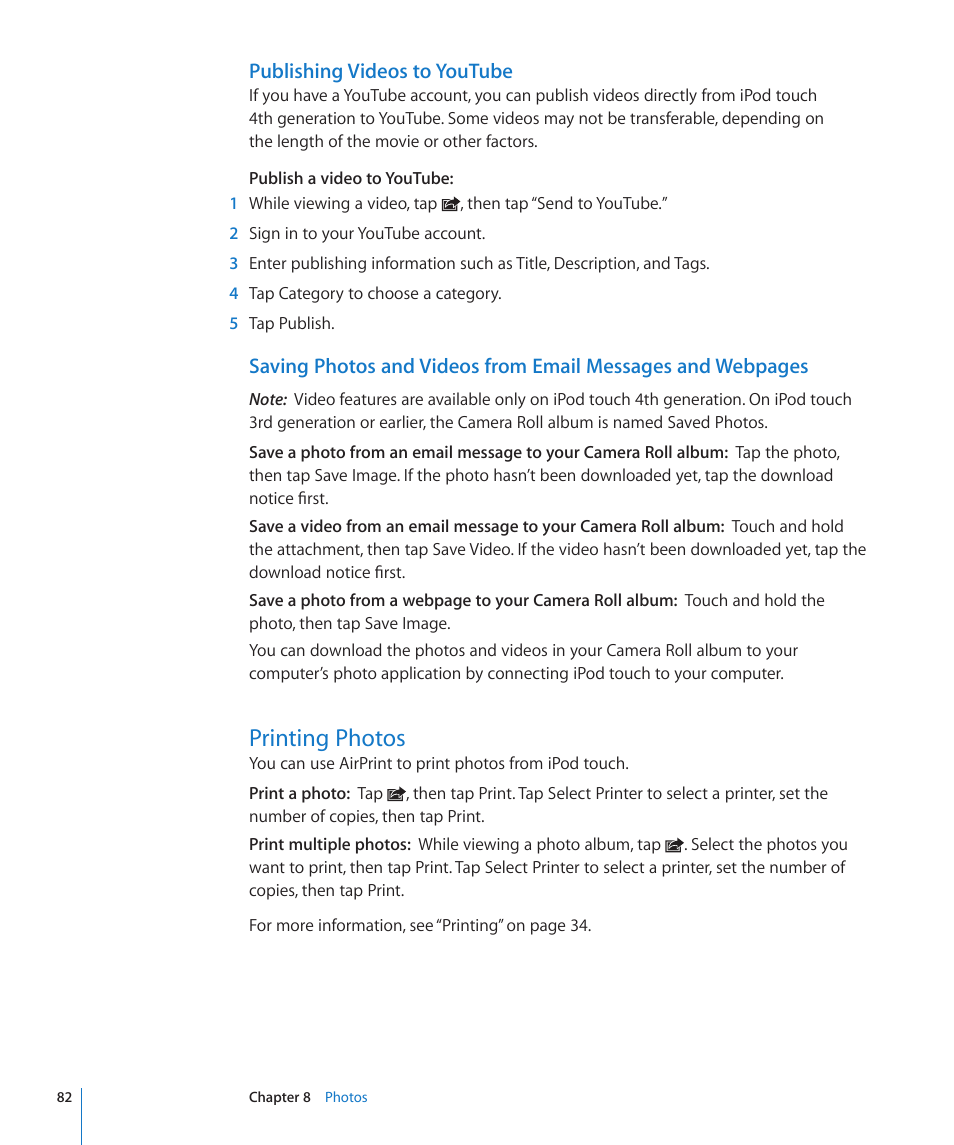 Printing photos, 82 printing photos, Publishing videos to youtube | Apple iPod touch iOS 4.3 User Manual | Page 82 / 230