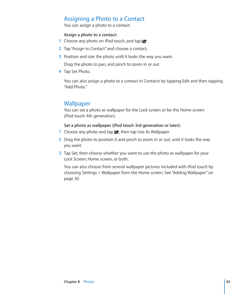 Assigning a photo to a contact, Wallpaper, 83 assigning a photo to a contact 83 wallpaper | Apple iPod touch iOS 4.3 User Manual | Page 83 / 230