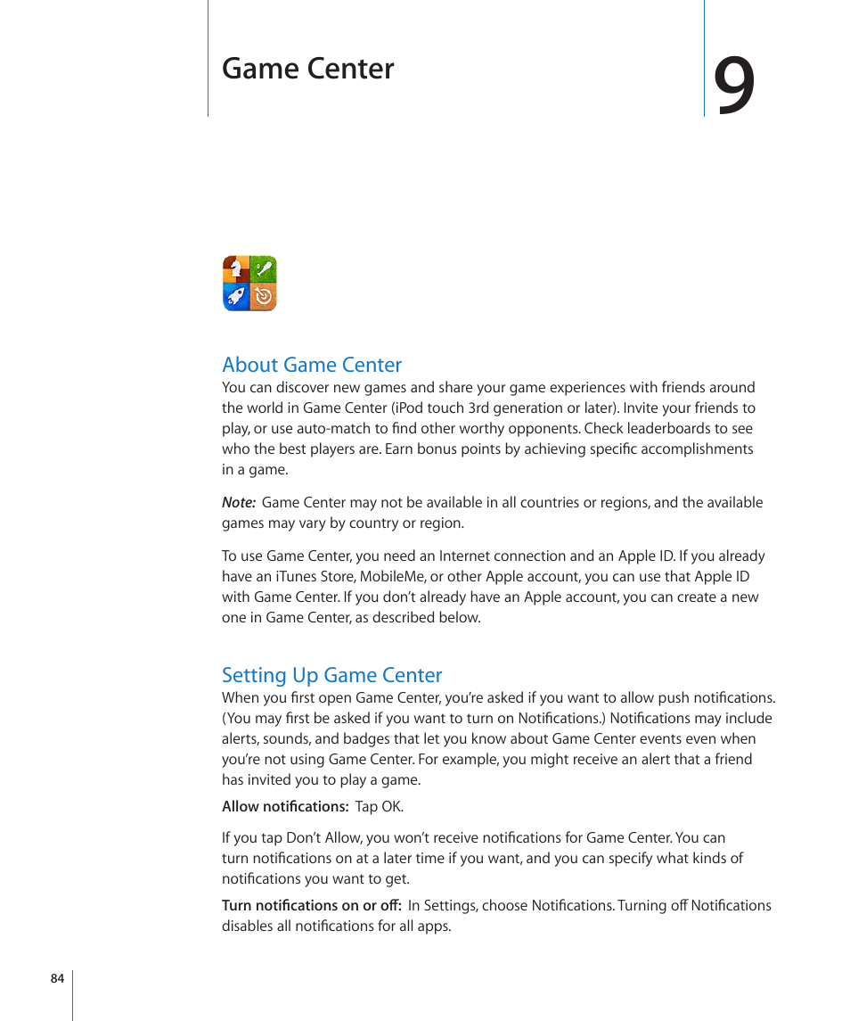 Chapter 9: game center, About game center, Setting up game center | 84 about game center 84 setting up game center, Game center | Apple iPod touch iOS 4.3 User Manual | Page 84 / 230