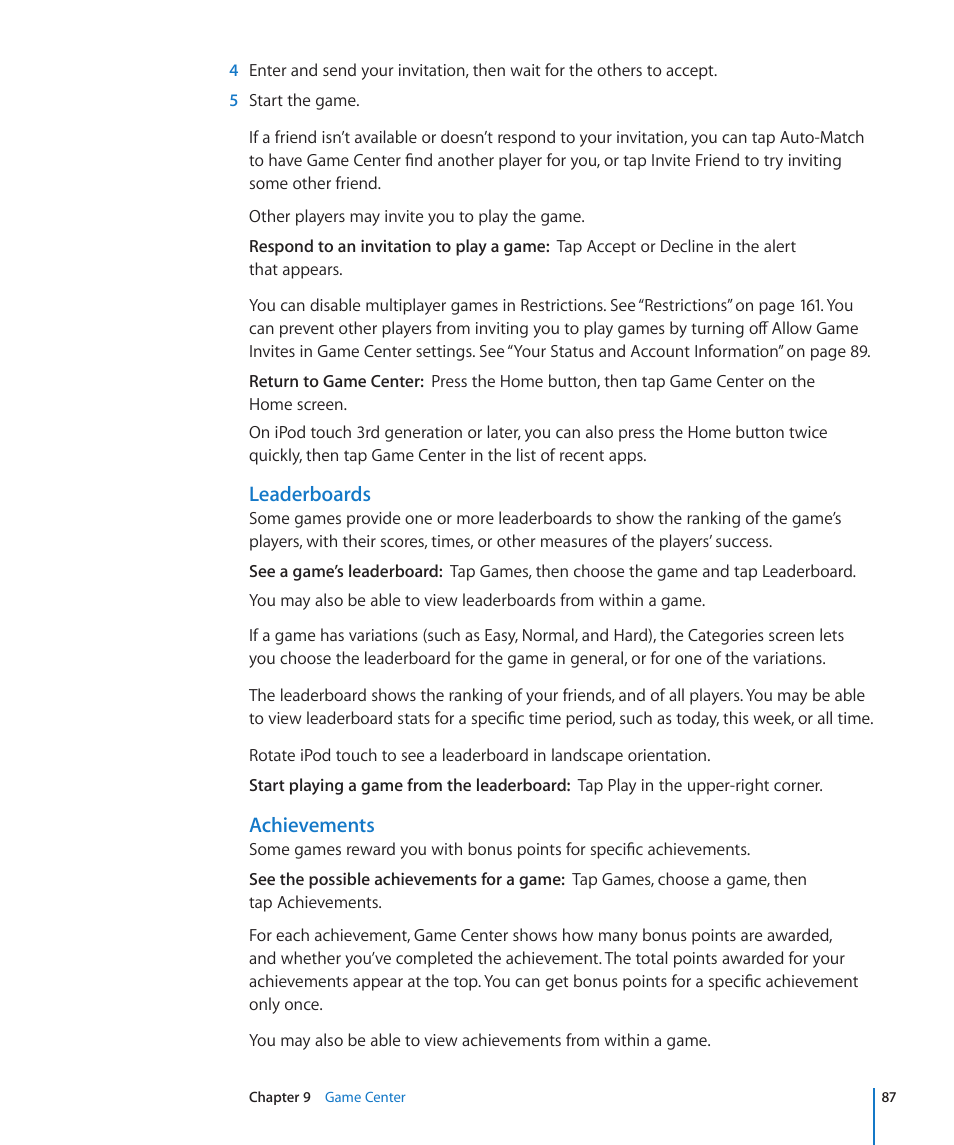 Leaderboards, Achievements | Apple iPod touch iOS 4.3 User Manual | Page 87 / 230