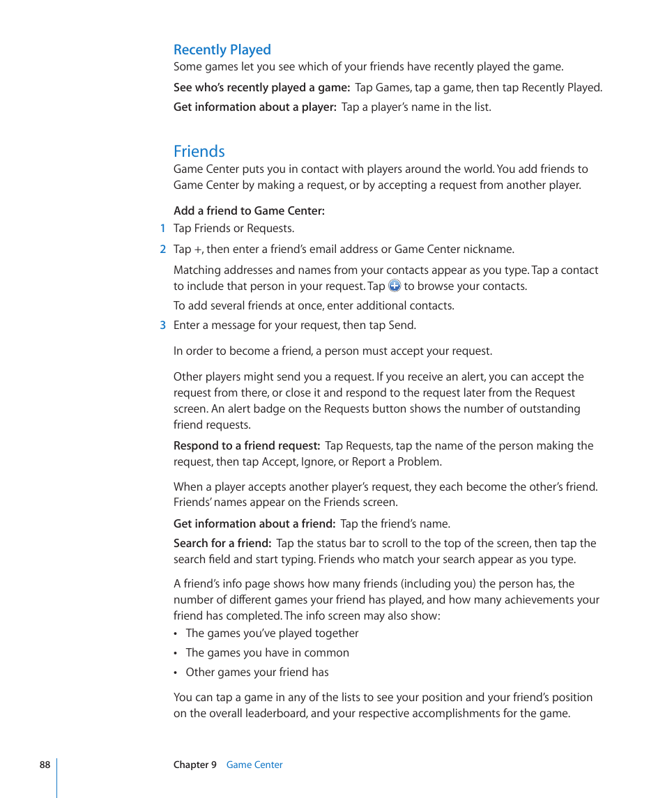 Friends, 88 friends, Recently played | Apple iPod touch iOS 4.3 User Manual | Page 88 / 230
