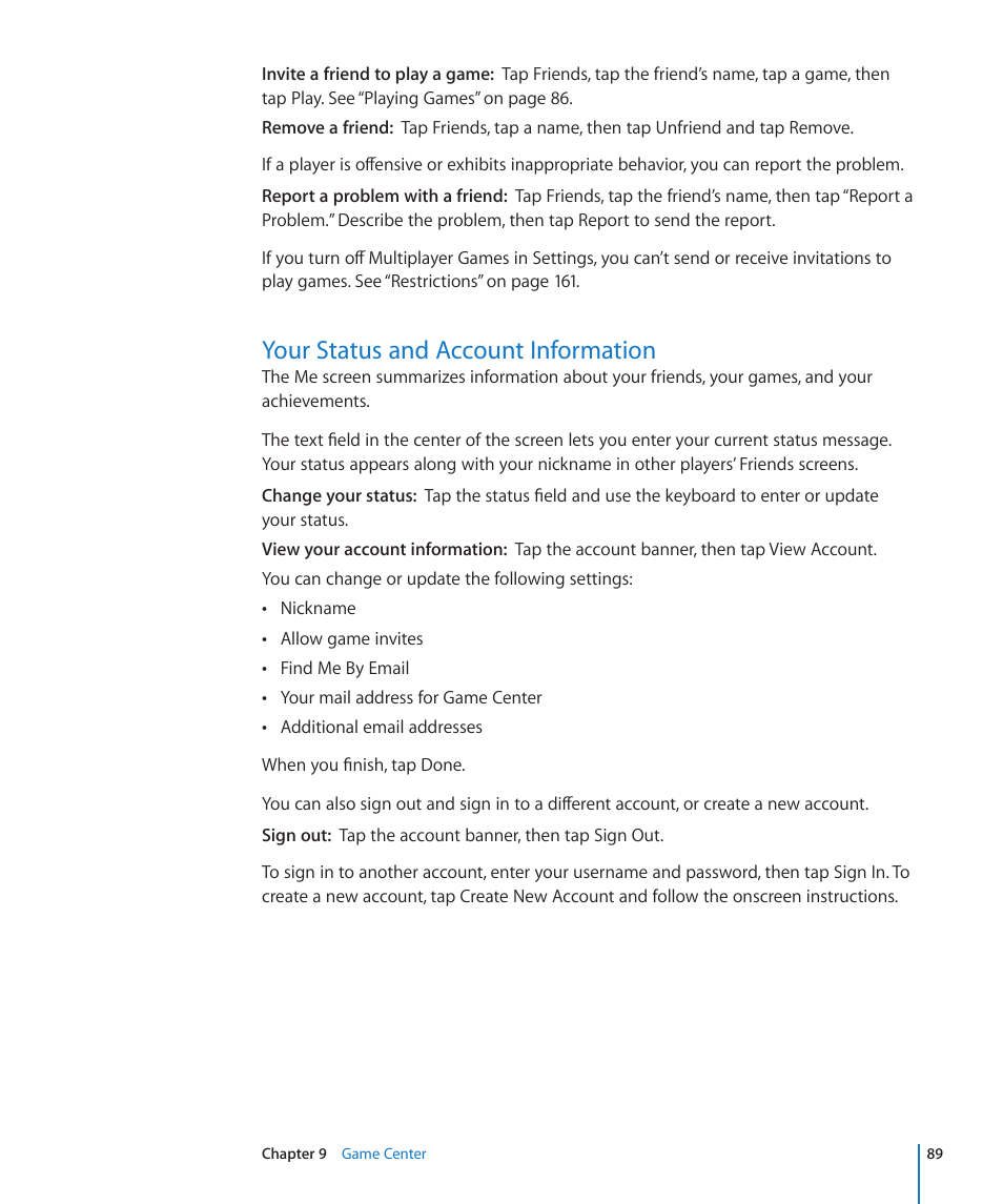 Your status and account information, 89 your status and account information | Apple iPod touch iOS 4.3 User Manual | Page 89 / 230