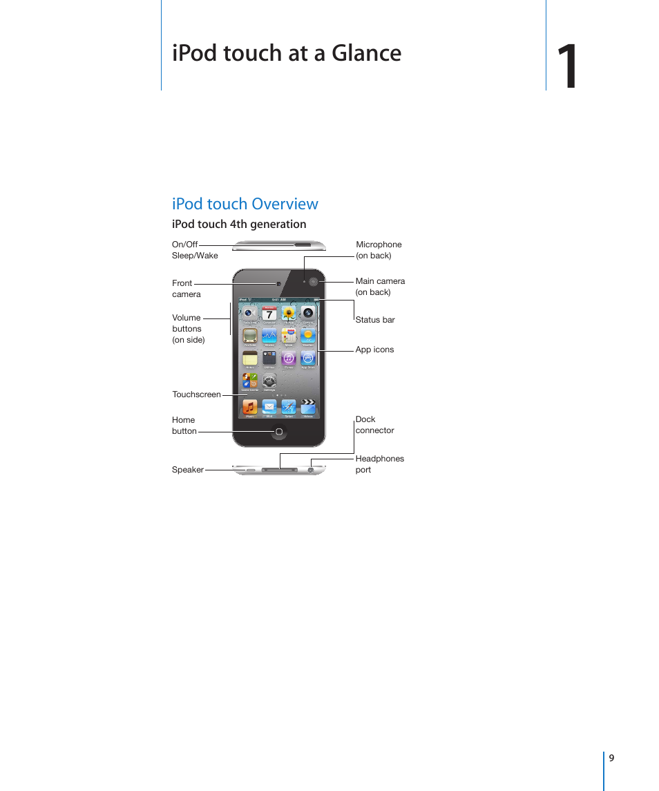 Chapter 1: ipod touch at a glance, Ipod touch overview, Ipod touch at a glance | Apple iPod touch iOS 4.3 User Manual | Page 9 / 230