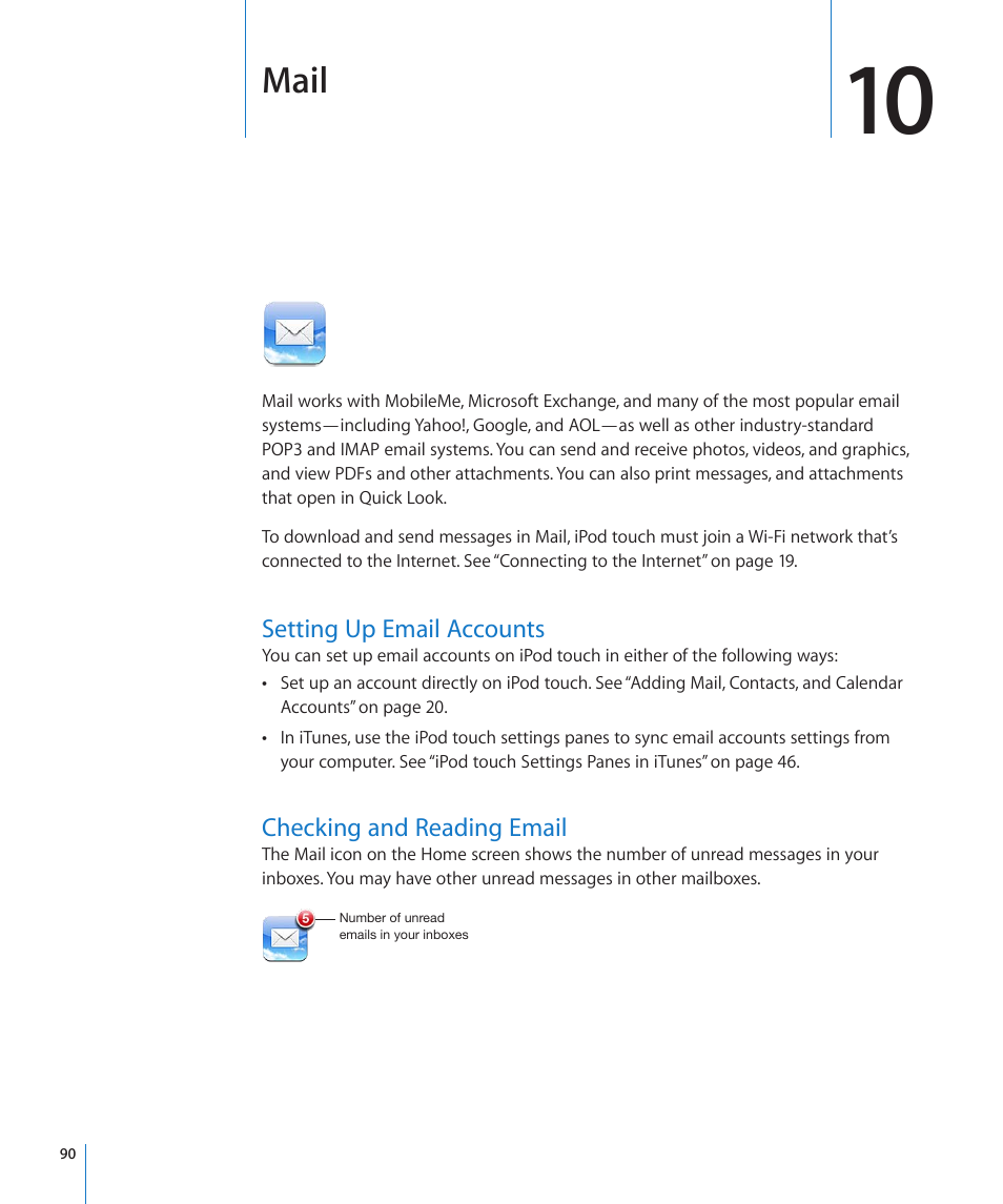 Chapter 10: mail, Setting up email accounts, Checking and reading email | Mail | Apple iPod touch iOS 4.3 User Manual | Page 90 / 230