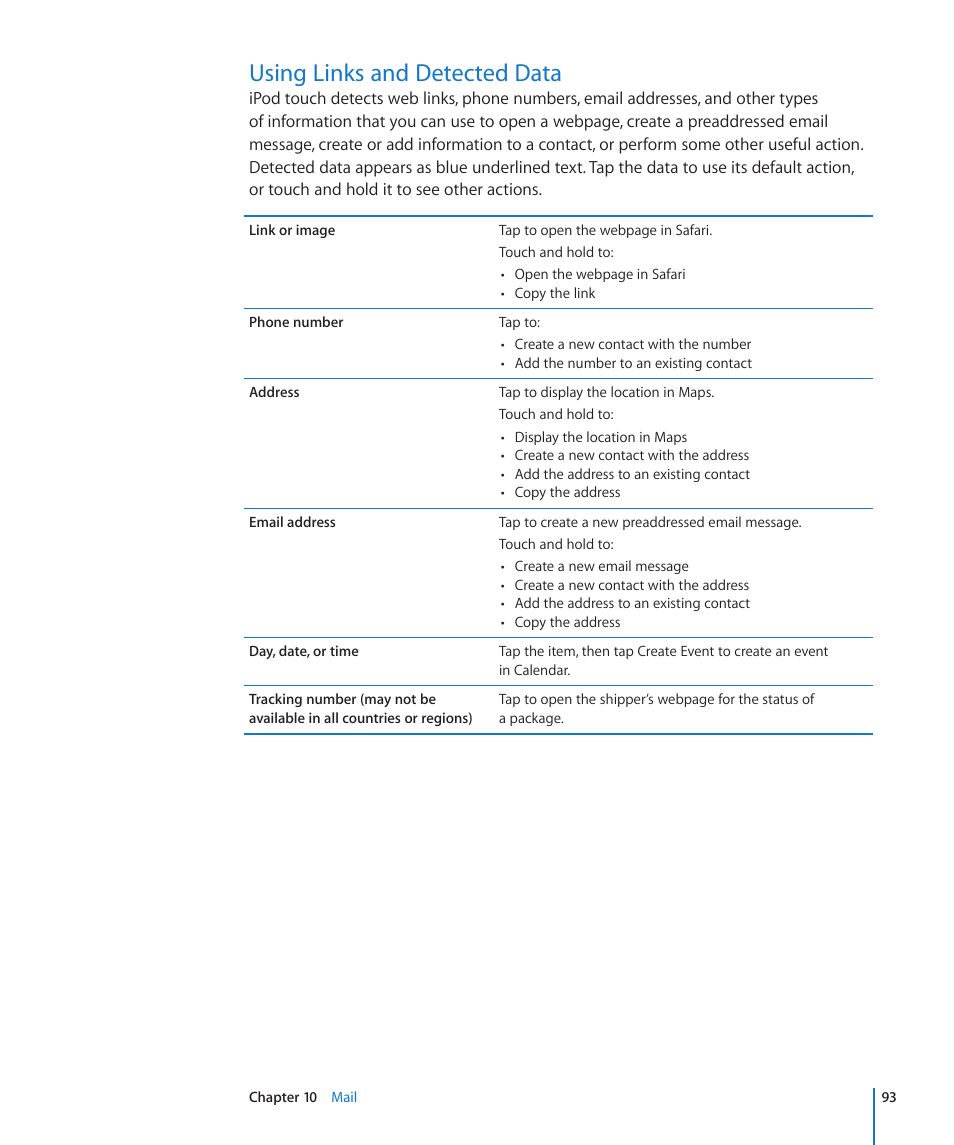 Using links and detected data, 93 using links and detected data | Apple iPod touch iOS 4.3 User Manual | Page 93 / 230