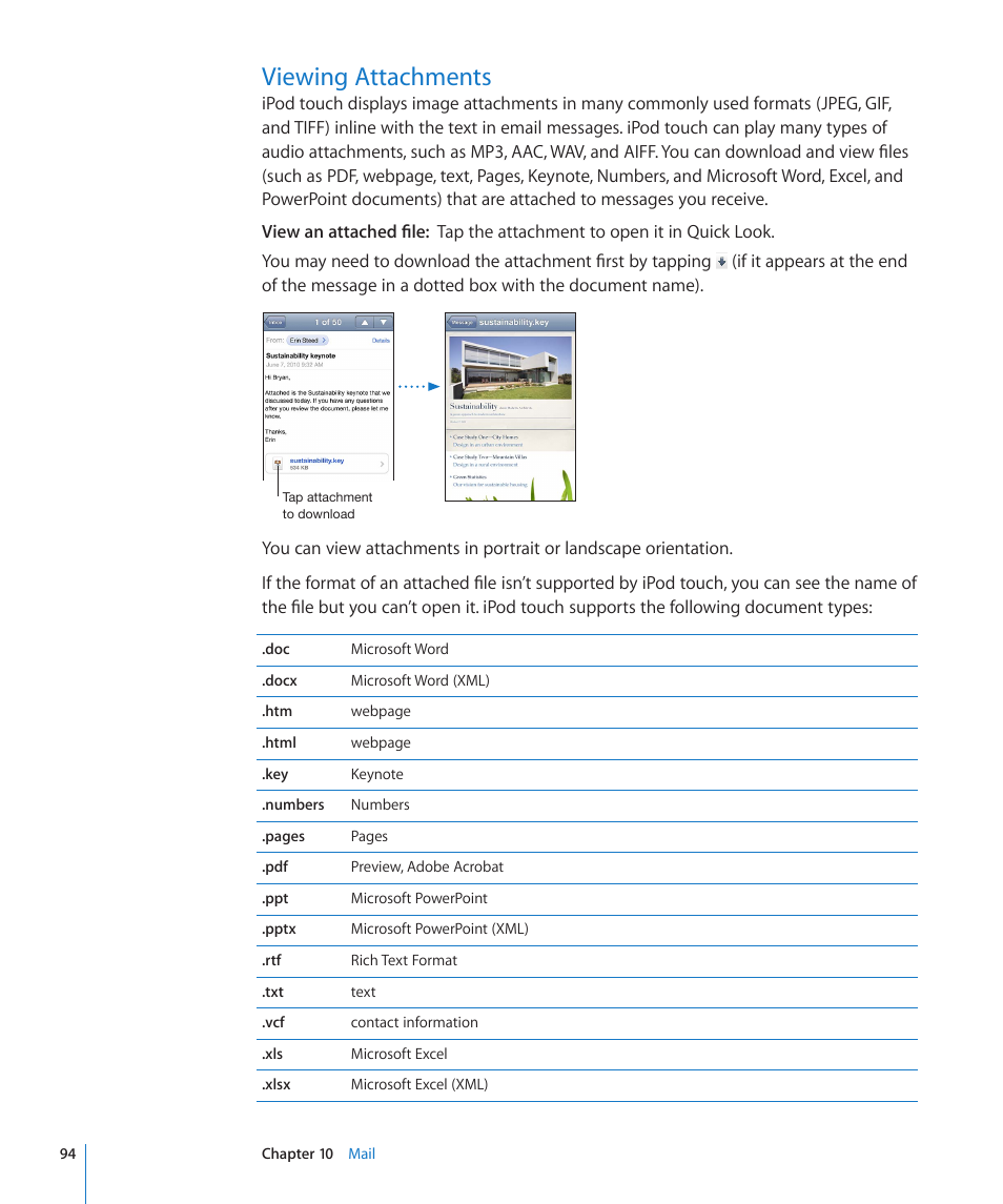 Viewing attachments, 94 viewing attachments | Apple iPod touch iOS 4.3 User Manual | Page 94 / 230