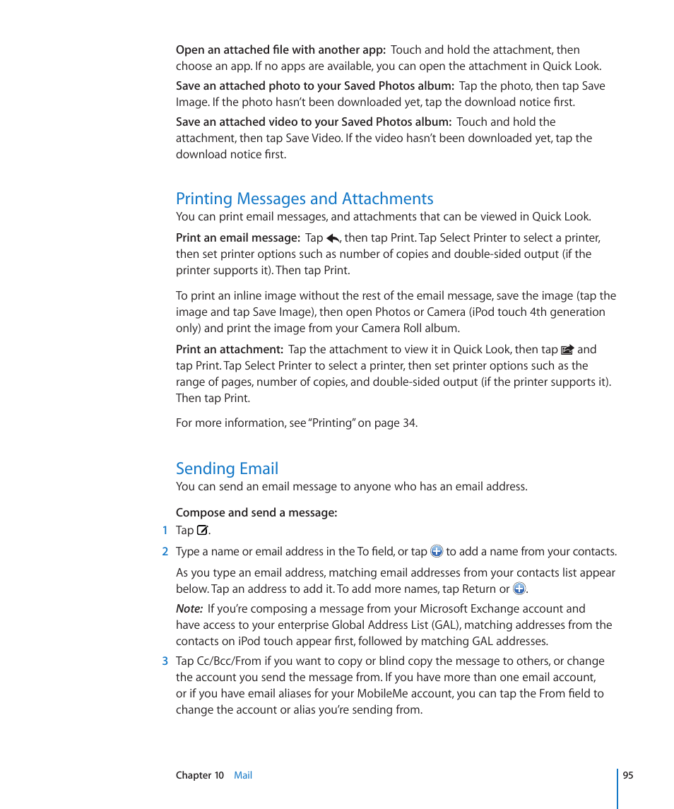 Printing messages and attachments, Sending email | Apple iPod touch iOS 4.3 User Manual | Page 95 / 230