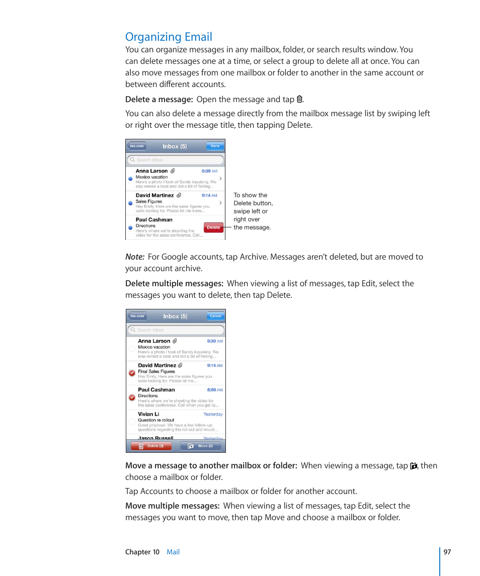 Organizing email, 97 organizing email | Apple iPod touch iOS 4.3 User Manual | Page 97 / 230