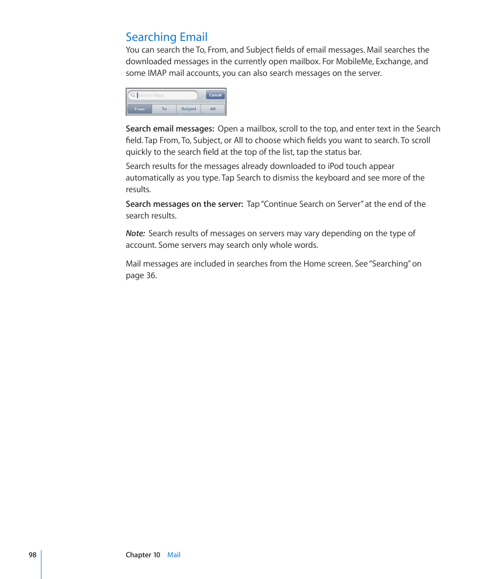 Searching email, 98 searching email | Apple iPod touch iOS 4.3 User Manual | Page 98 / 230