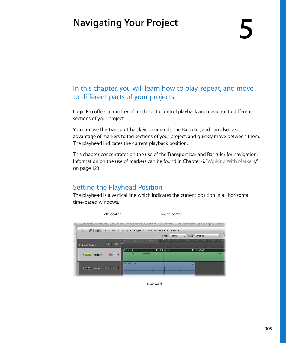 Navigating your project, Setting the playhead position, Chapter 5 | E detail in chapter 5 | Apple Logic Pro 8 User Manual | Page 105 / 1030
