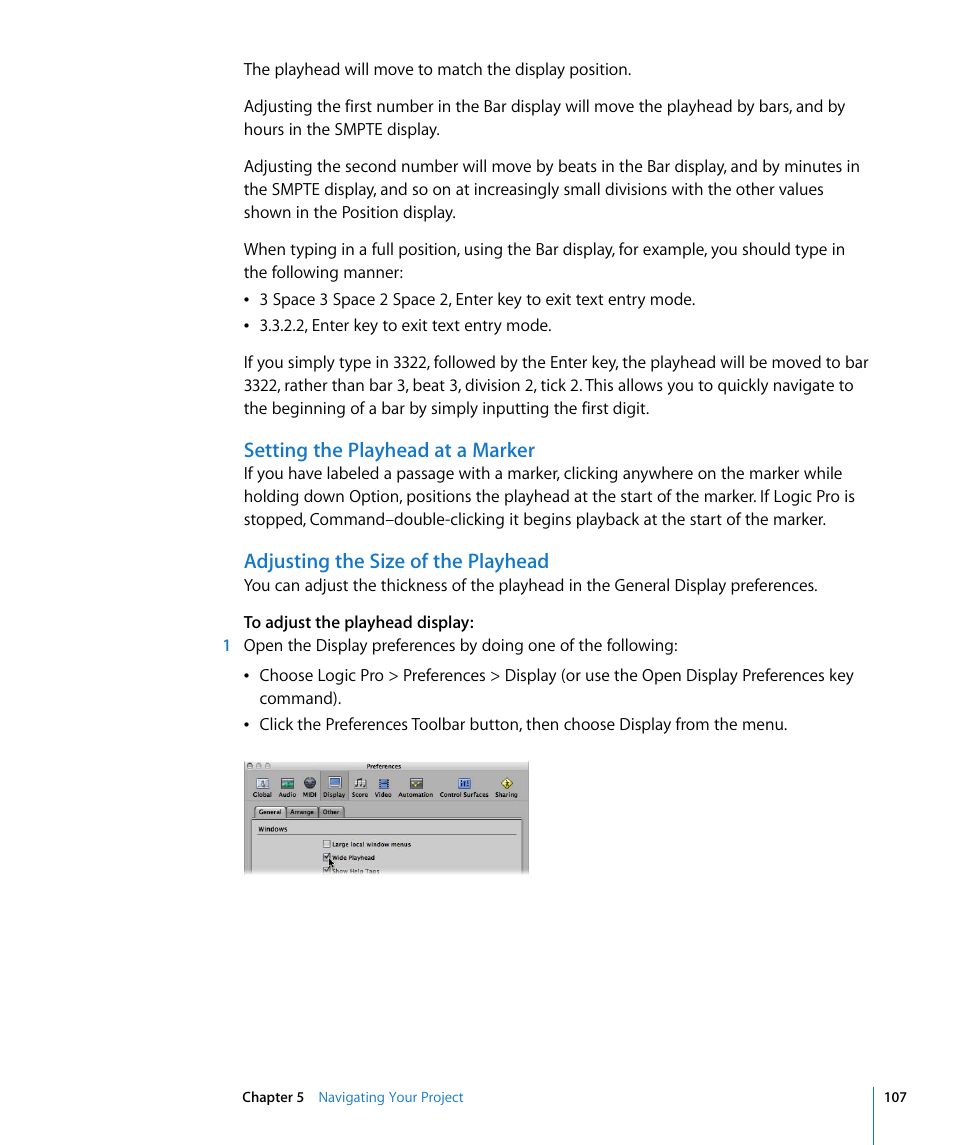Setting the playhead at a marker, Adjusting the size of the playhead | Apple Logic Pro 8 User Manual | Page 107 / 1030