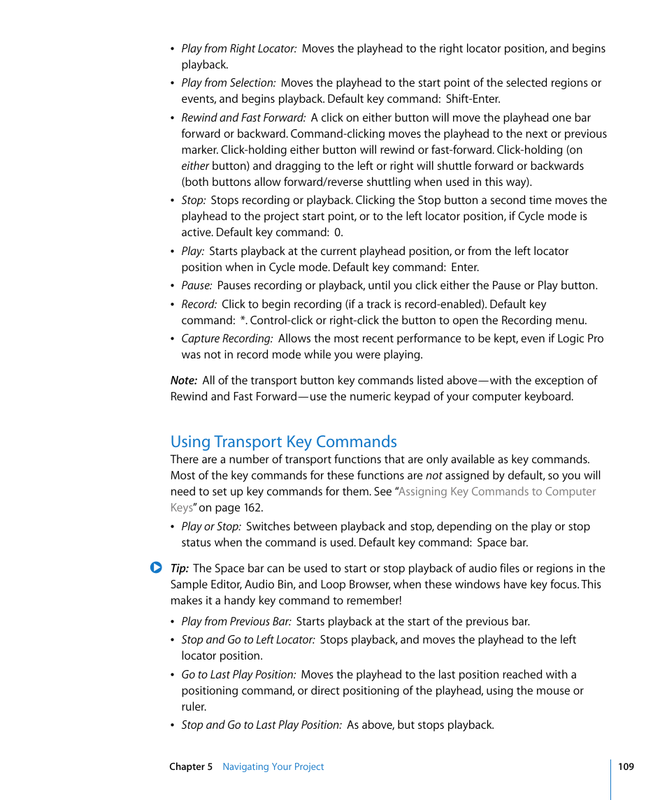 Using transport key commands | Apple Logic Pro 8 User Manual | Page 109 / 1030