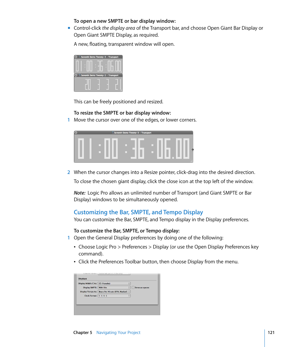 Customizing the bar, smpte, and tempo display | Apple Logic Pro 8 User Manual | Page 121 / 1030