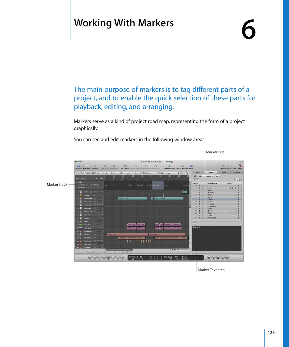 Working with markers, Chapter 6, Working | With markers, Ound in chapter 6, Ed in chapter 6, Working with, Markers | Apple Logic Pro 8 User Manual | Page 123 / 1030
