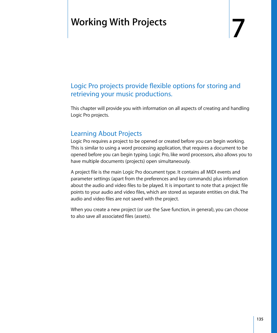 Working with projects, Learning about projects, Chapter 7 | Apple Logic Pro 8 User Manual | Page 135 / 1030
