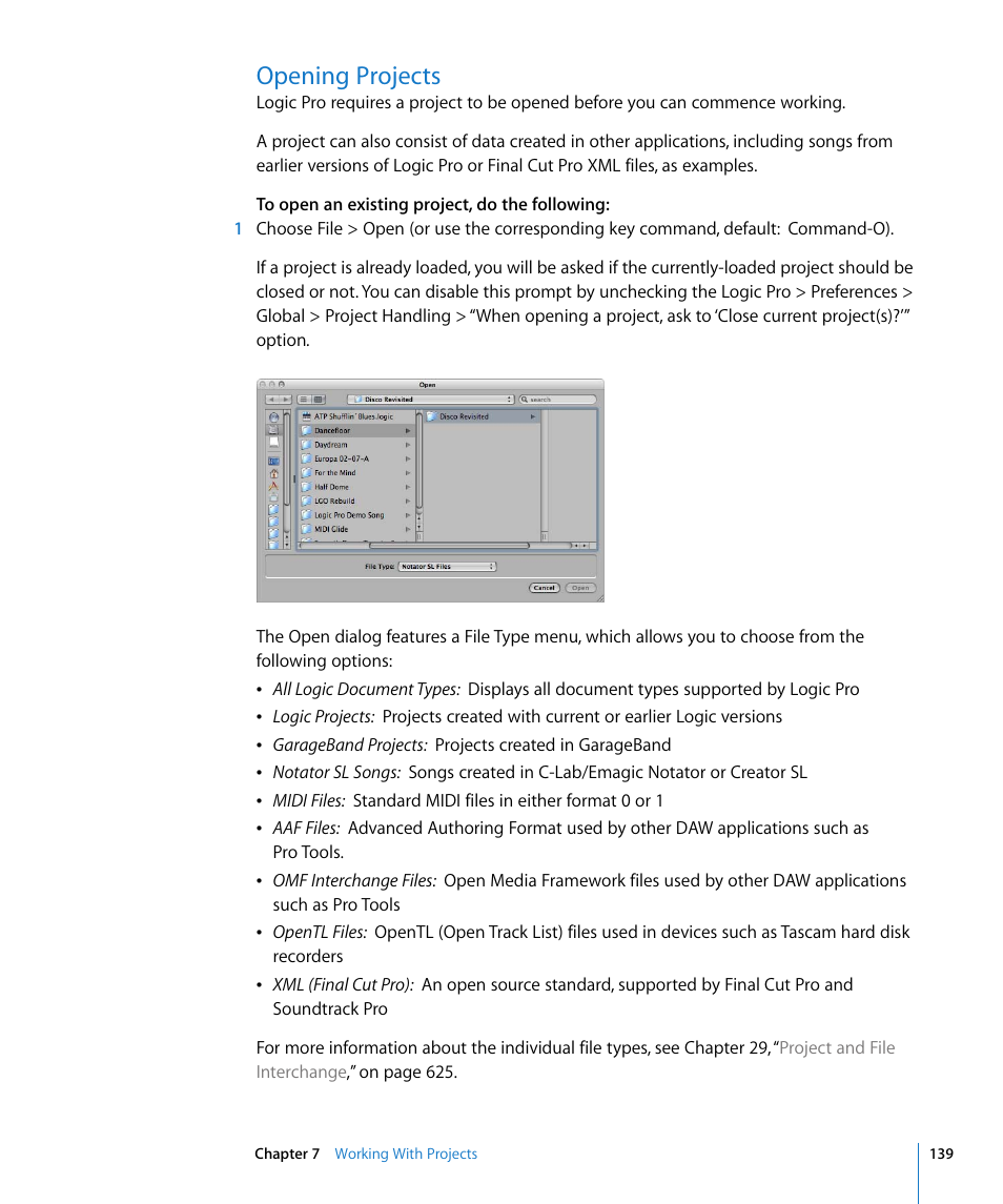 Opening projects | Apple Logic Pro 8 User Manual | Page 139 / 1030