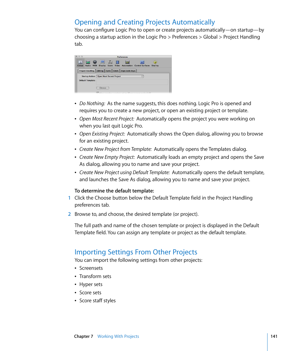 Opening and creating projects automatically, Importing settings from other projects, Tup (see | Apple Logic Pro 8 User Manual | Page 141 / 1030
