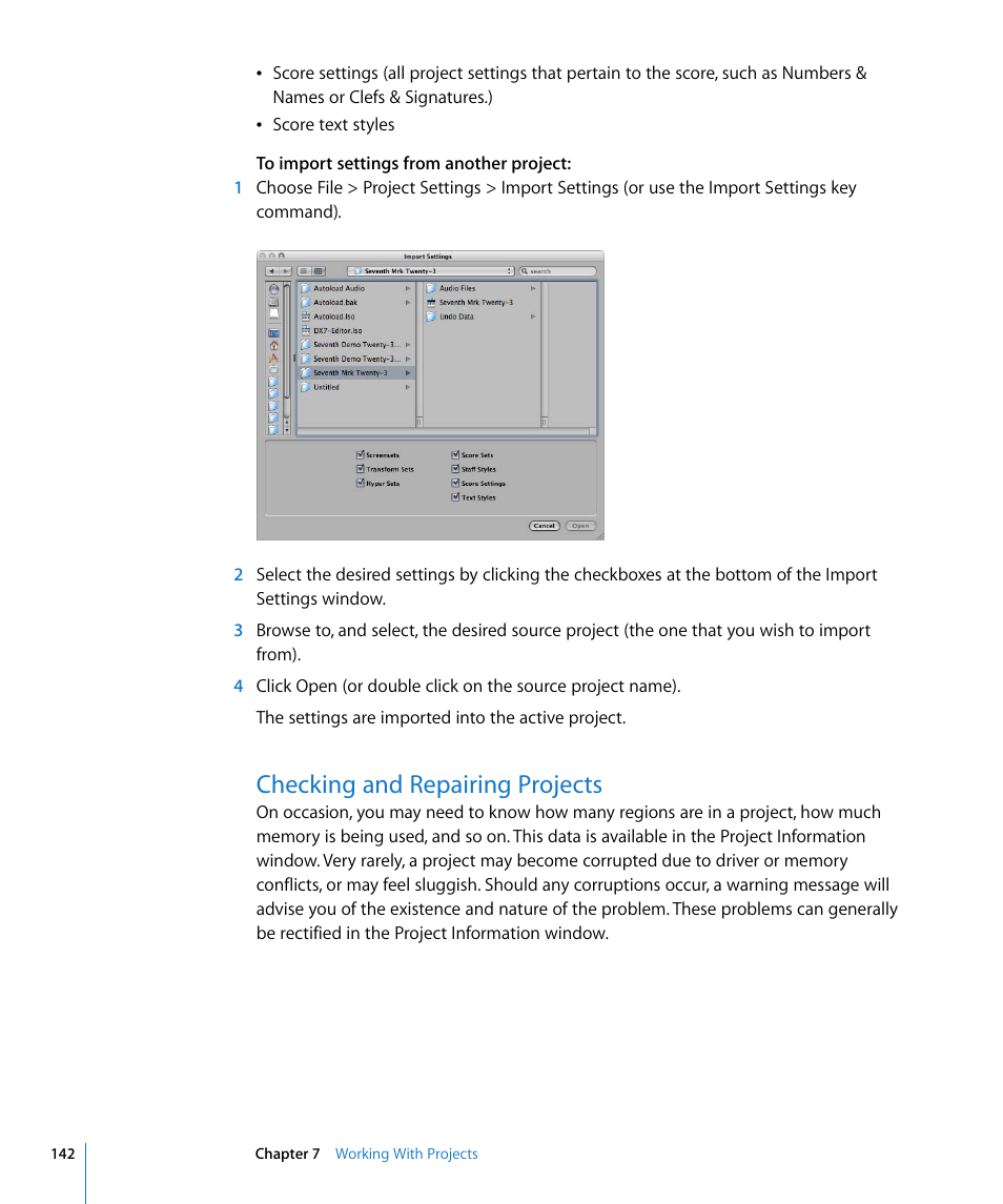 Checking and repairing projects | Apple Logic Pro 8 User Manual | Page 142 / 1030
