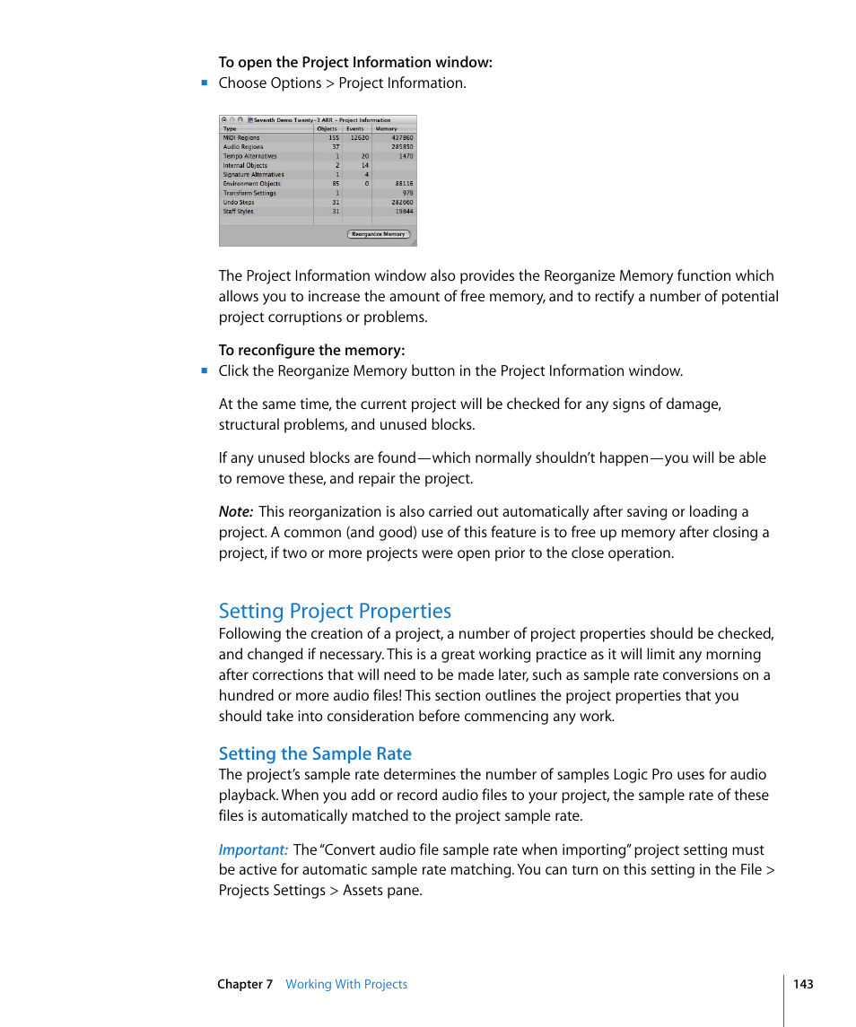 Setting project properties, Setting the sample rate | Apple Logic Pro 8 User Manual | Page 143 / 1030