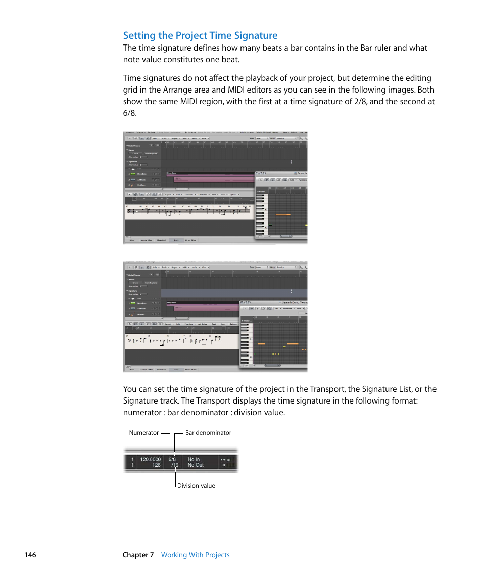 Setting the project time signature | Apple Logic Pro 8 User Manual | Page 146 / 1030