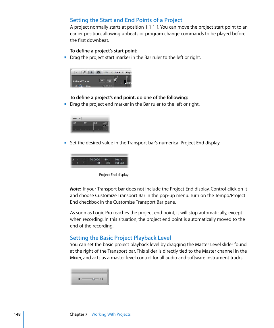 Setting the start and end points of a project, Setting the basic project playback level | Apple Logic Pro 8 User Manual | Page 148 / 1030