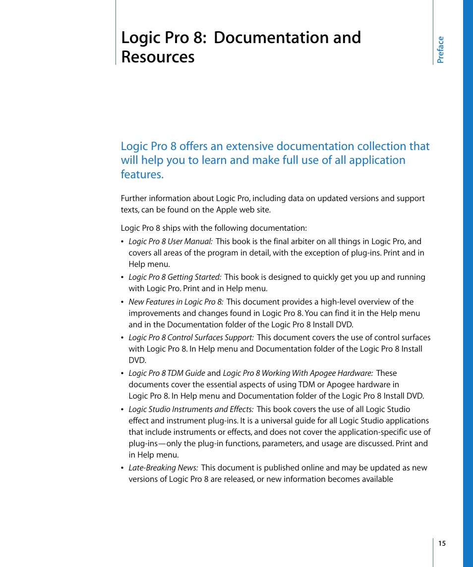 Logic pro 8: documentation and resources, Preface | Apple Logic Pro 8 User Manual | Page 15 / 1030