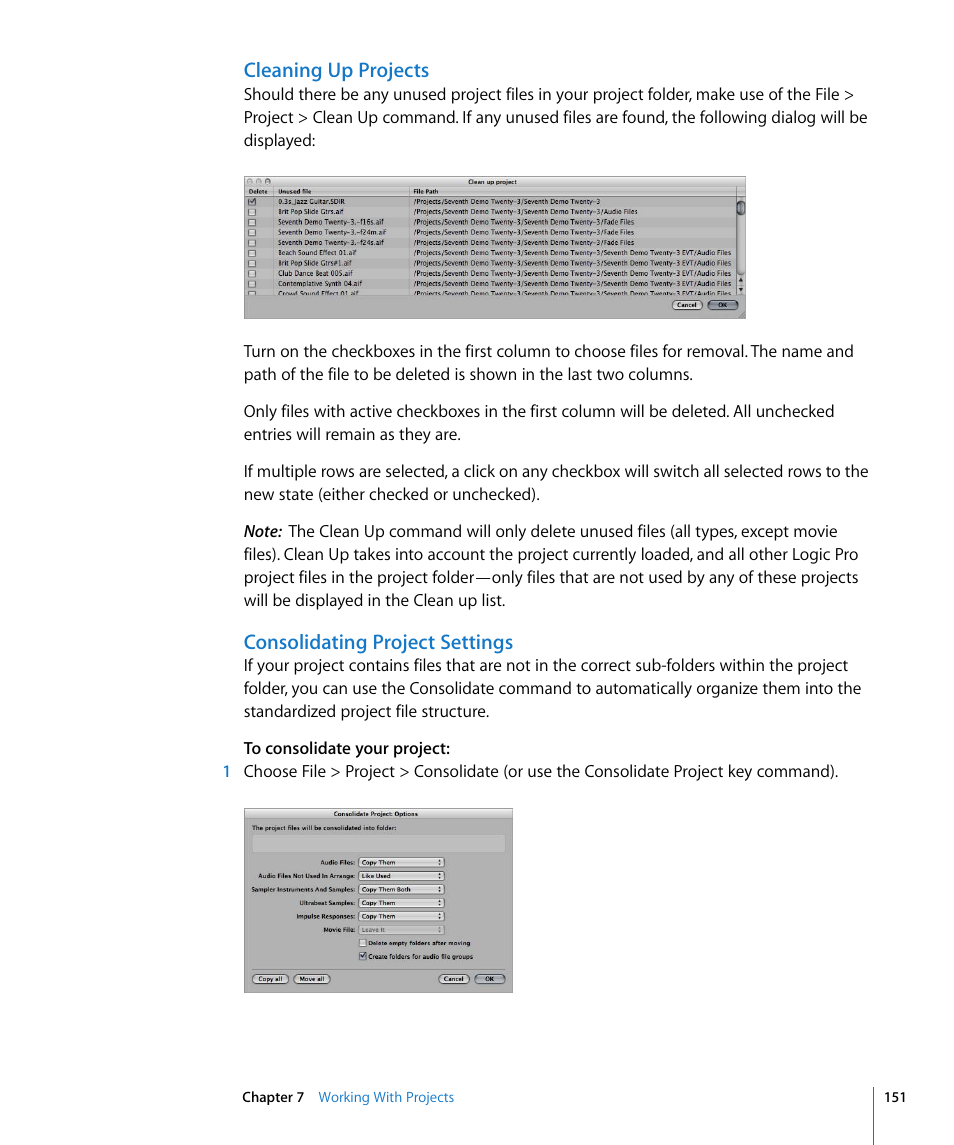 Cleaning up projects, Consolidating project settings | Apple Logic Pro 8 User Manual | Page 151 / 1030