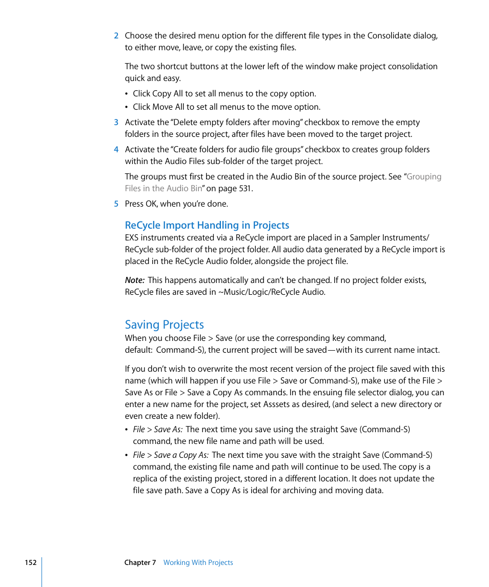 Recycle import handling in projects, Saving projects | Apple Logic Pro 8 User Manual | Page 152 / 1030
