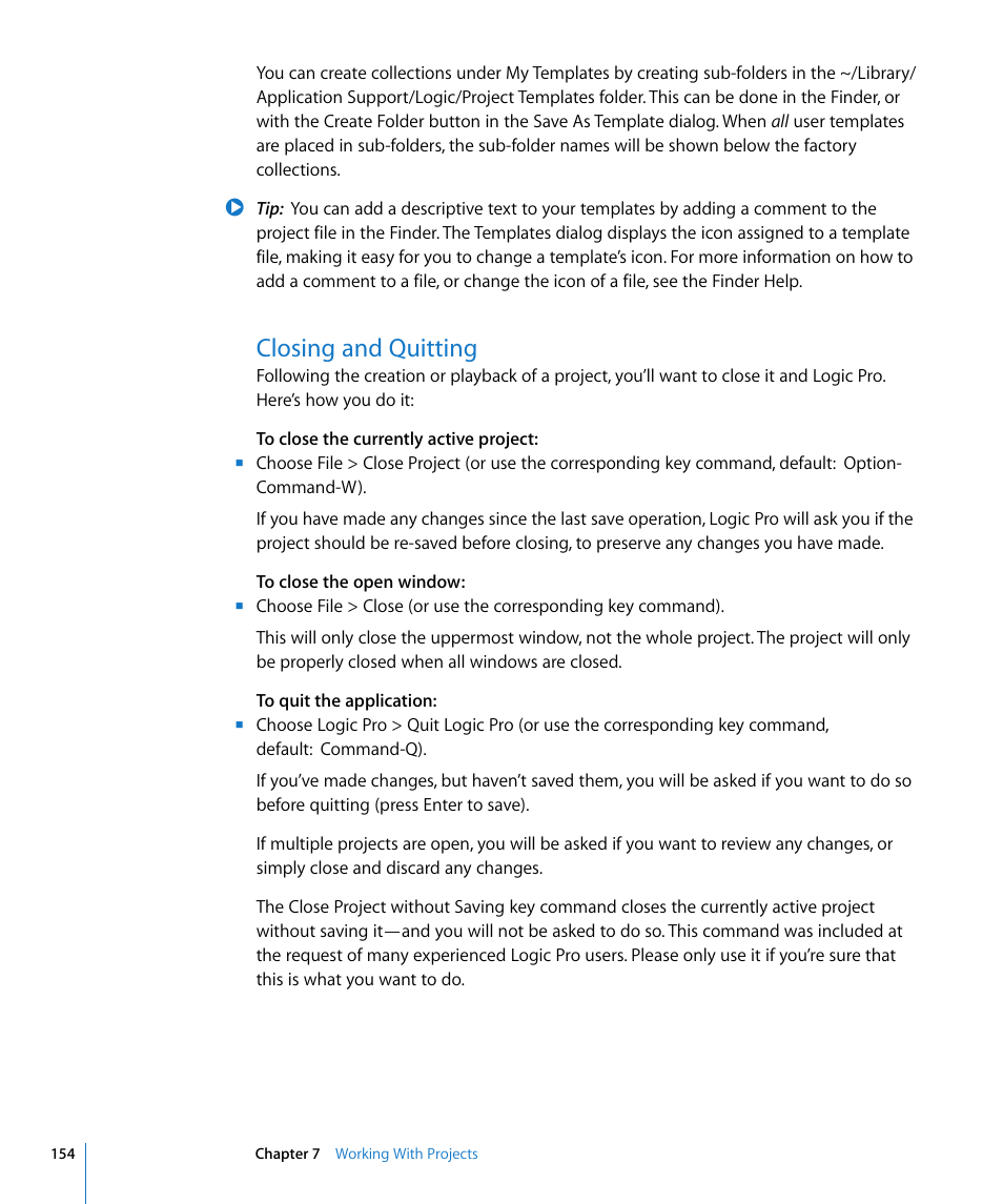Closing and quitting | Apple Logic Pro 8 User Manual | Page 154 / 1030