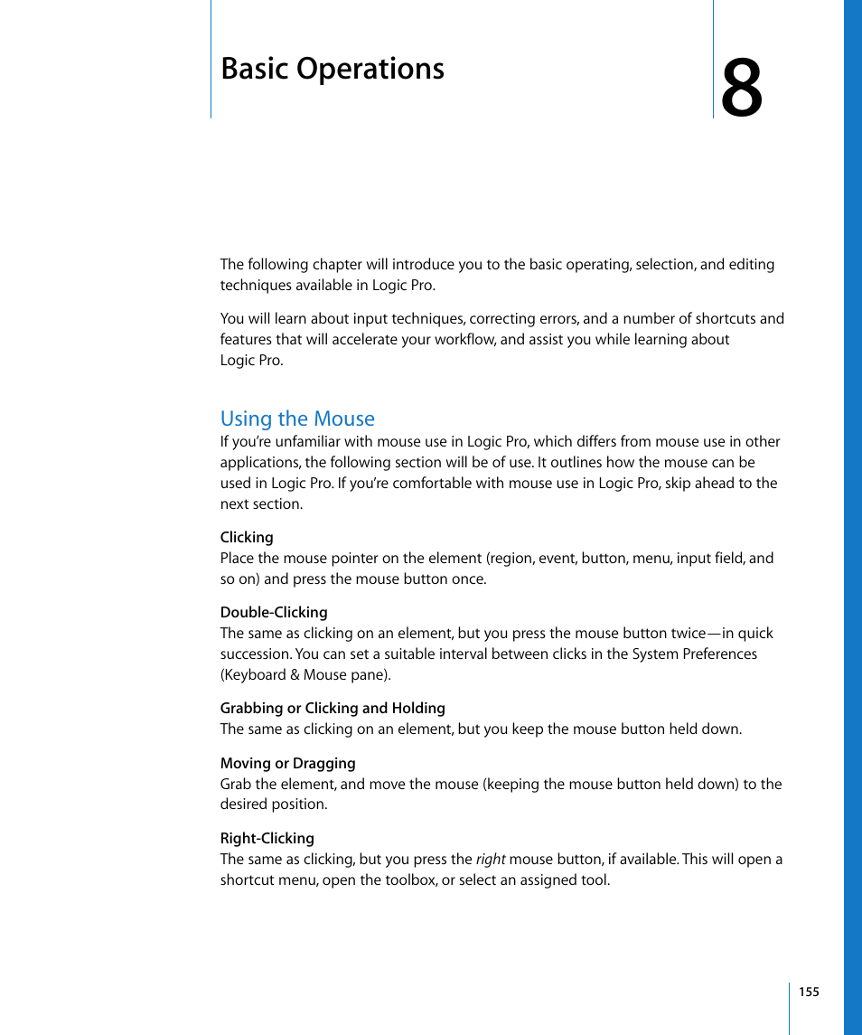 Basic operations, Using the mouse, Chapter 8 | Apple Logic Pro 8 User Manual | Page 155 / 1030