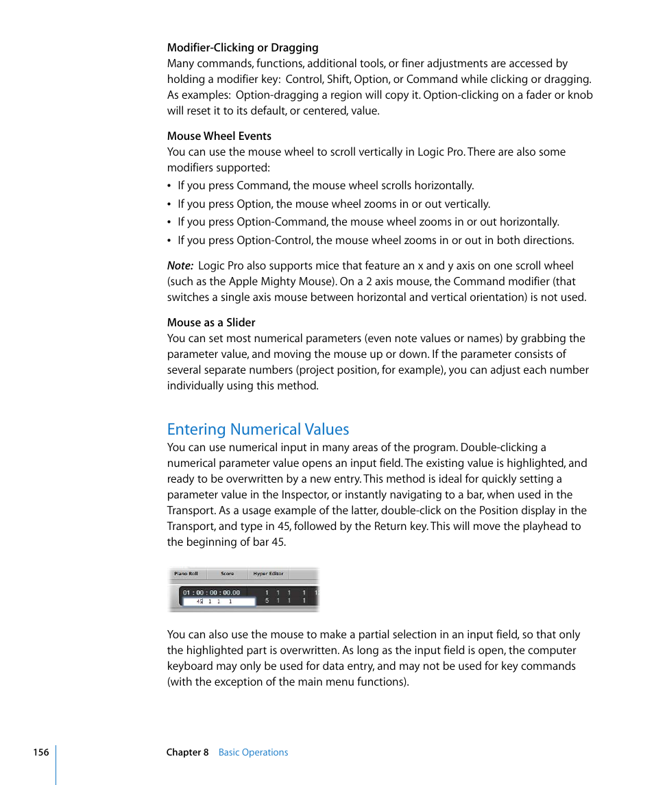 Entering numerical values | Apple Logic Pro 8 User Manual | Page 156 / 1030