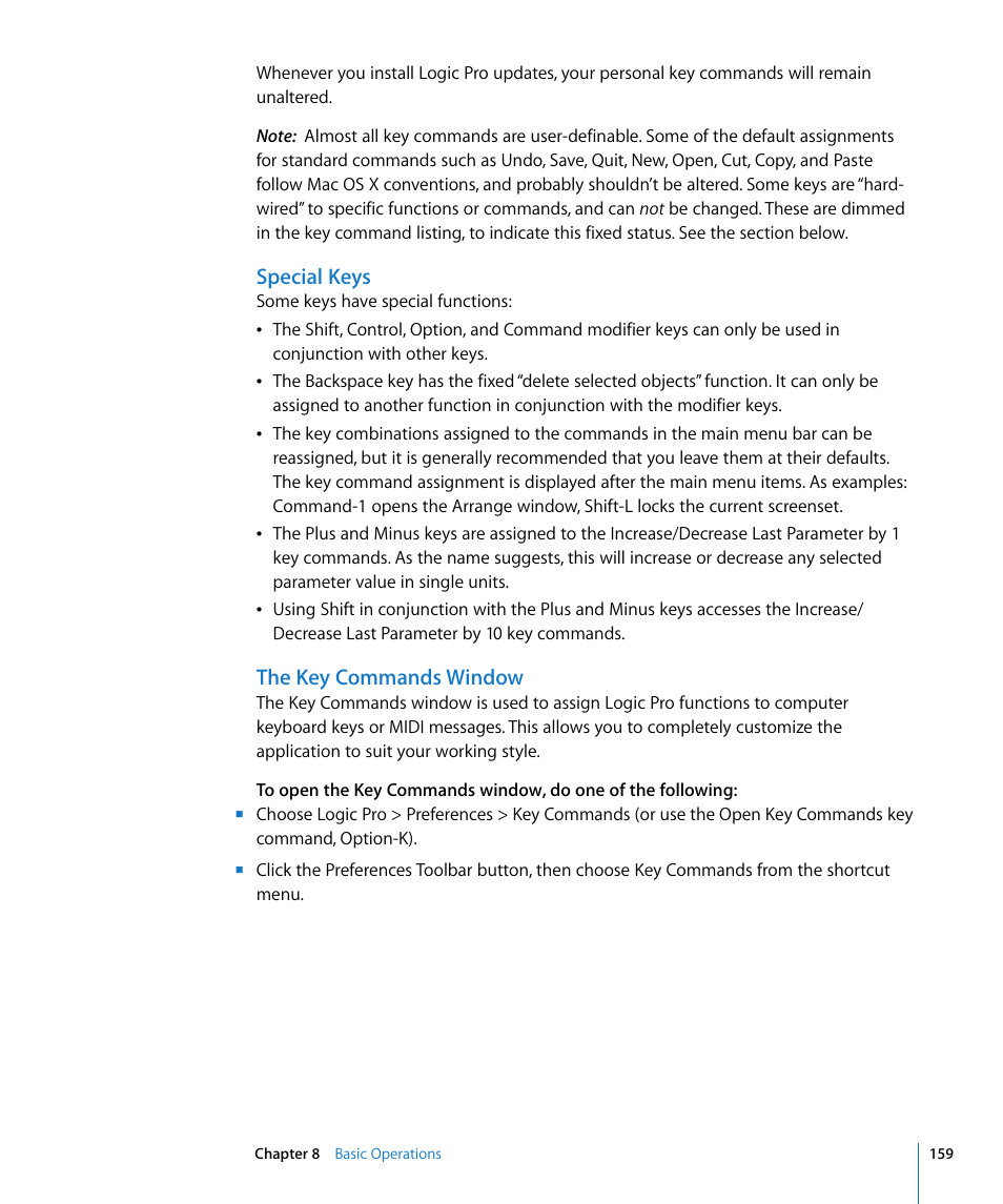 Special keys, The key commands window | Apple Logic Pro 8 User Manual | Page 159 / 1030