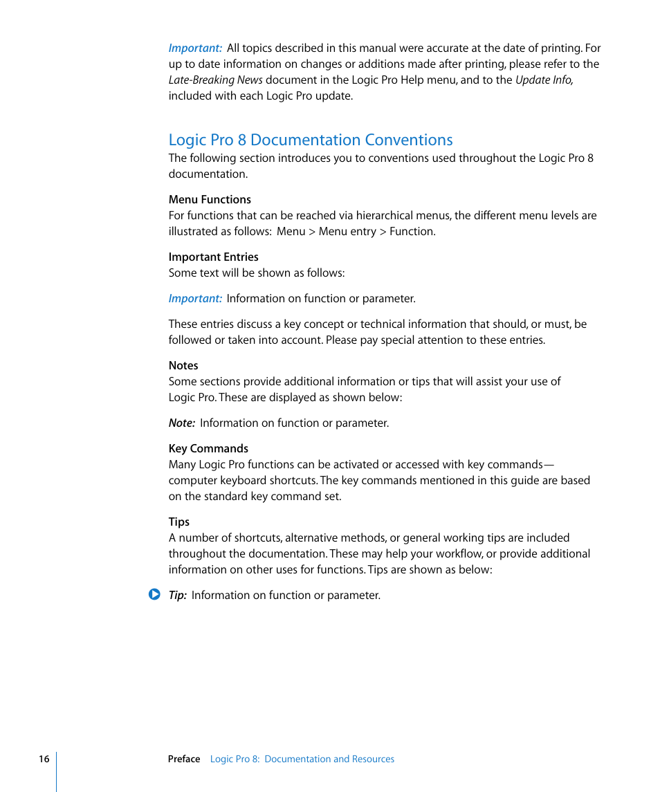 Logic pro 8 documentation conventions | Apple Logic Pro 8 User Manual | Page 16 / 1030