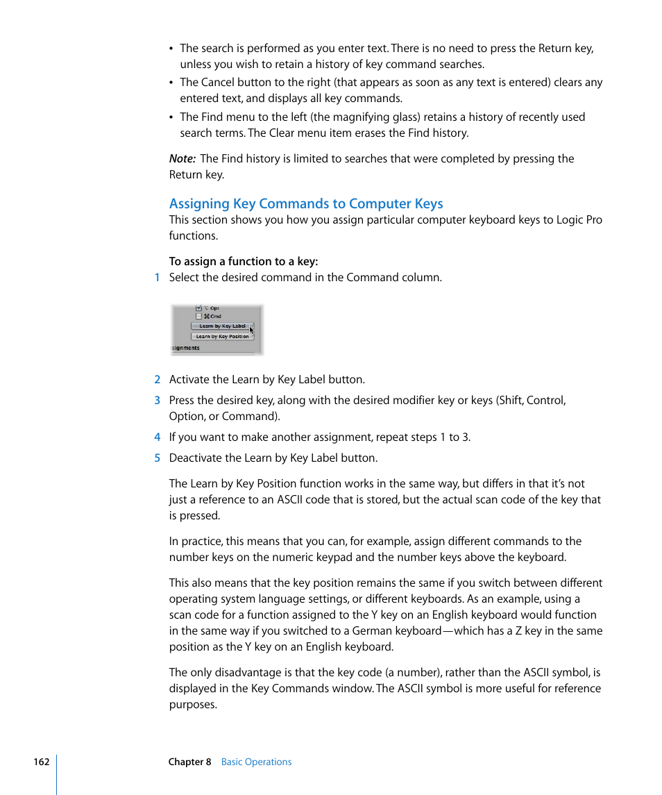 Assigning key commands to computer keys, Assigning key commands to computer, Keys | Apple Logic Pro 8 User Manual | Page 162 / 1030