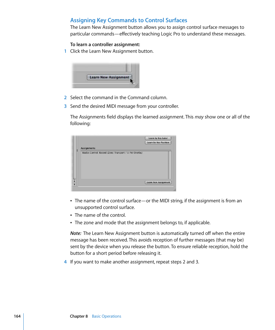 Assigning key commands to control surfaces | Apple Logic Pro 8 User Manual | Page 164 / 1030