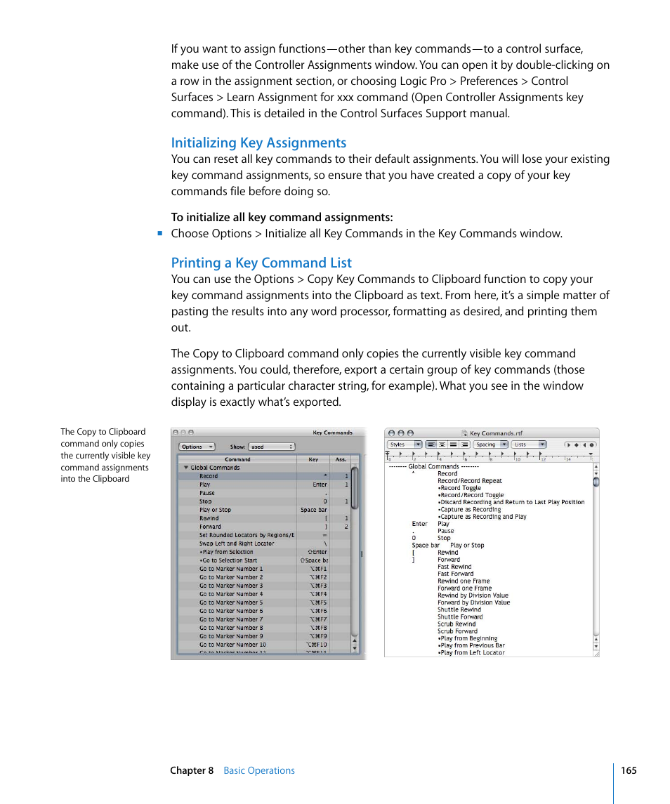 Initializing key assignments, Printing a key command list | Apple Logic Pro 8 User Manual | Page 165 / 1030