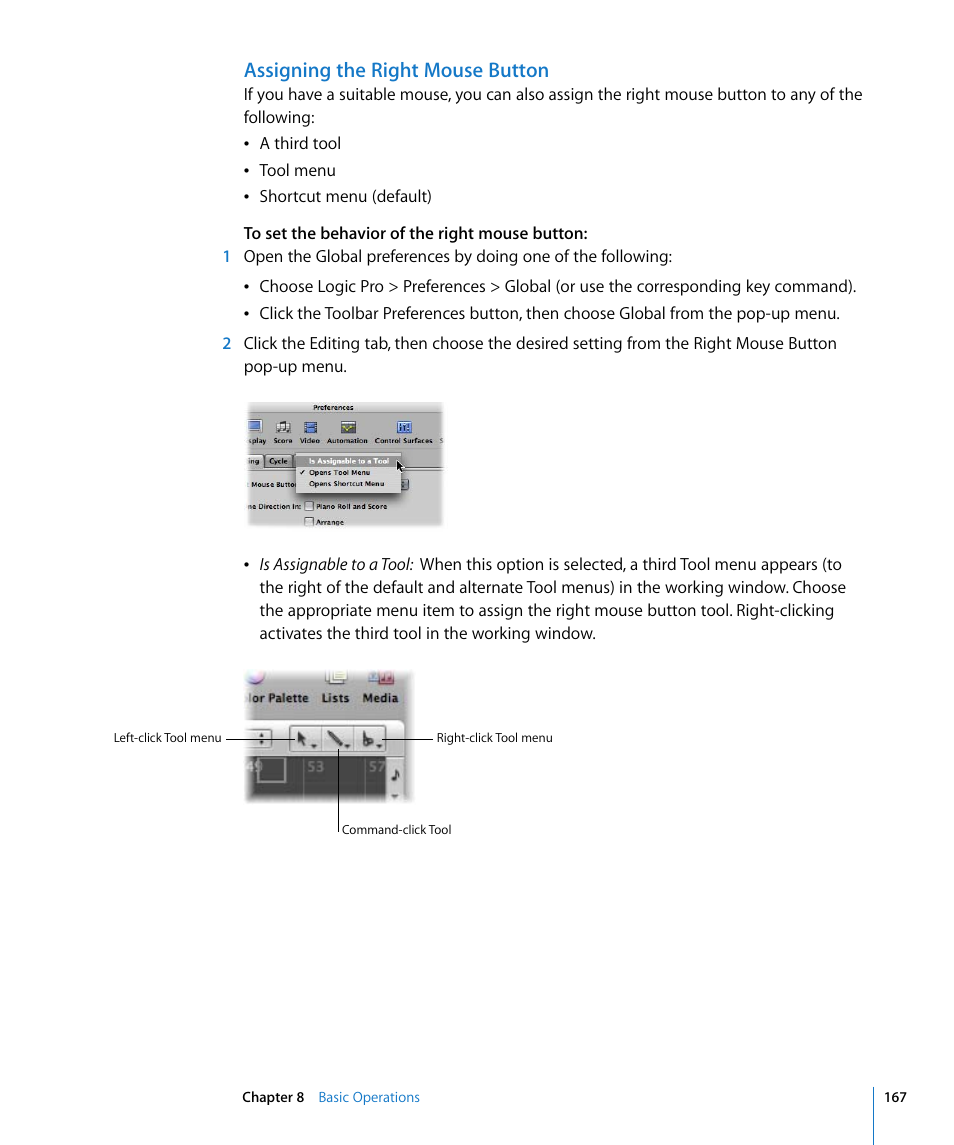 Assigning the right mouse button | Apple Logic Pro 8 User Manual | Page 167 / 1030