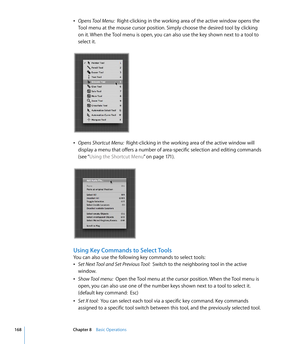Using key commands to select tools | Apple Logic Pro 8 User Manual | Page 168 / 1030