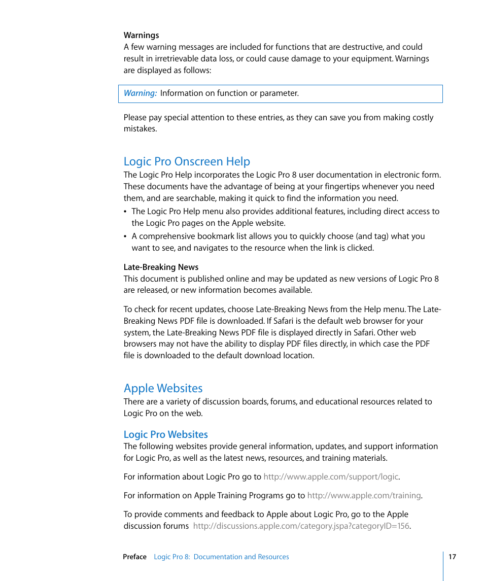 Logic pro onscreen help, Apple websites, Logic pro websites | Apple Logic Pro 8 User Manual | Page 17 / 1030