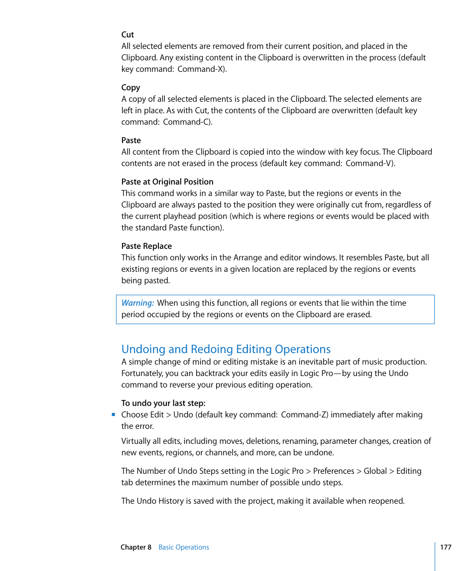 Undoing and redoing editing operations | Apple Logic Pro 8 User Manual | Page 177 / 1030