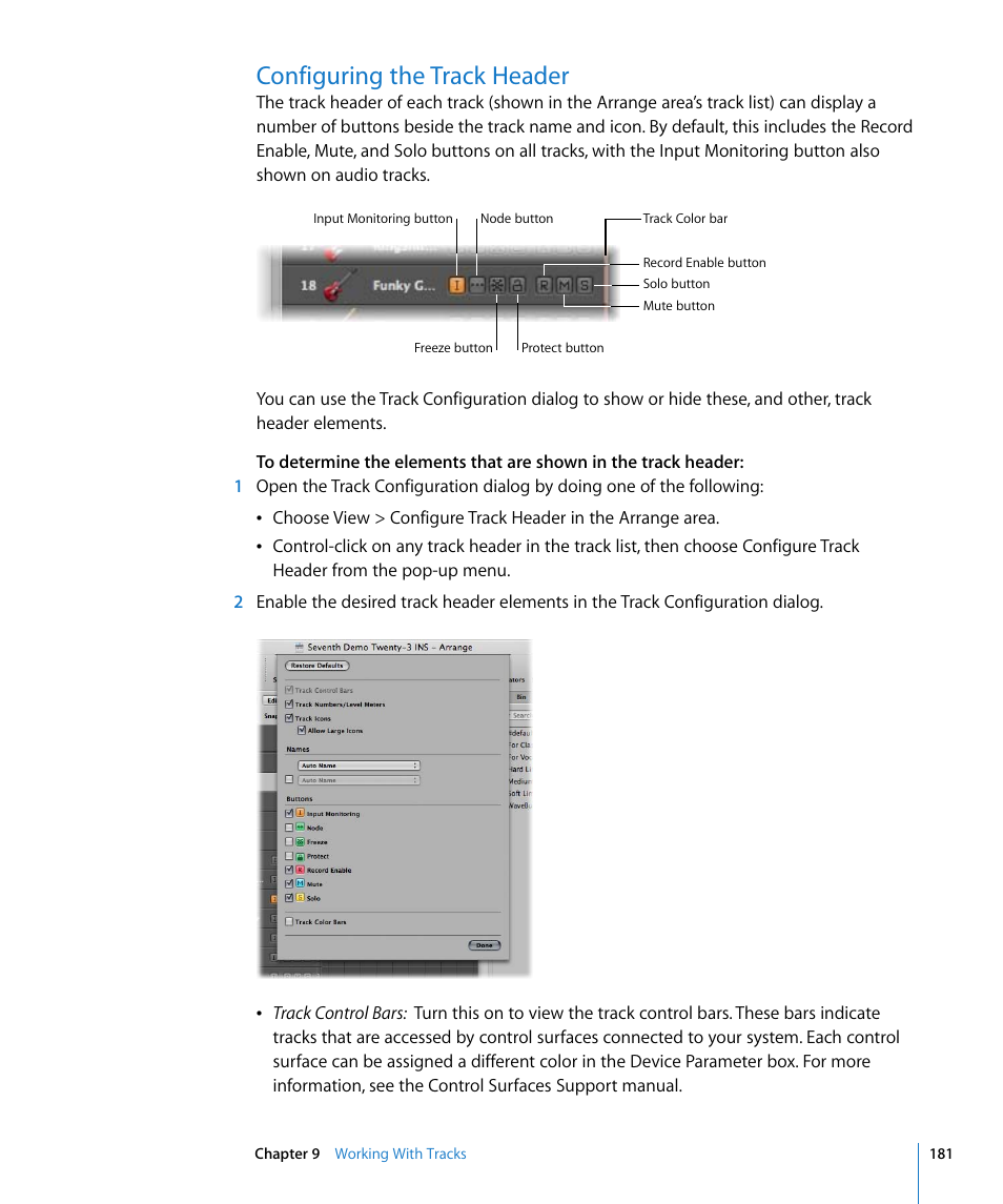 Configuring the track header | Apple Logic Pro 8 User Manual | Page 181 / 1030