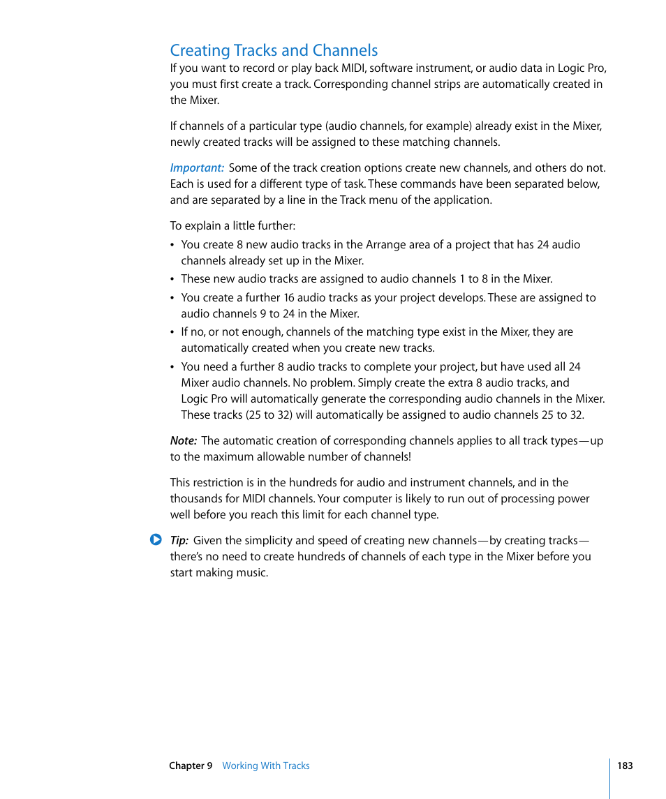 Creating tracks and channels | Apple Logic Pro 8 User Manual | Page 183 / 1030