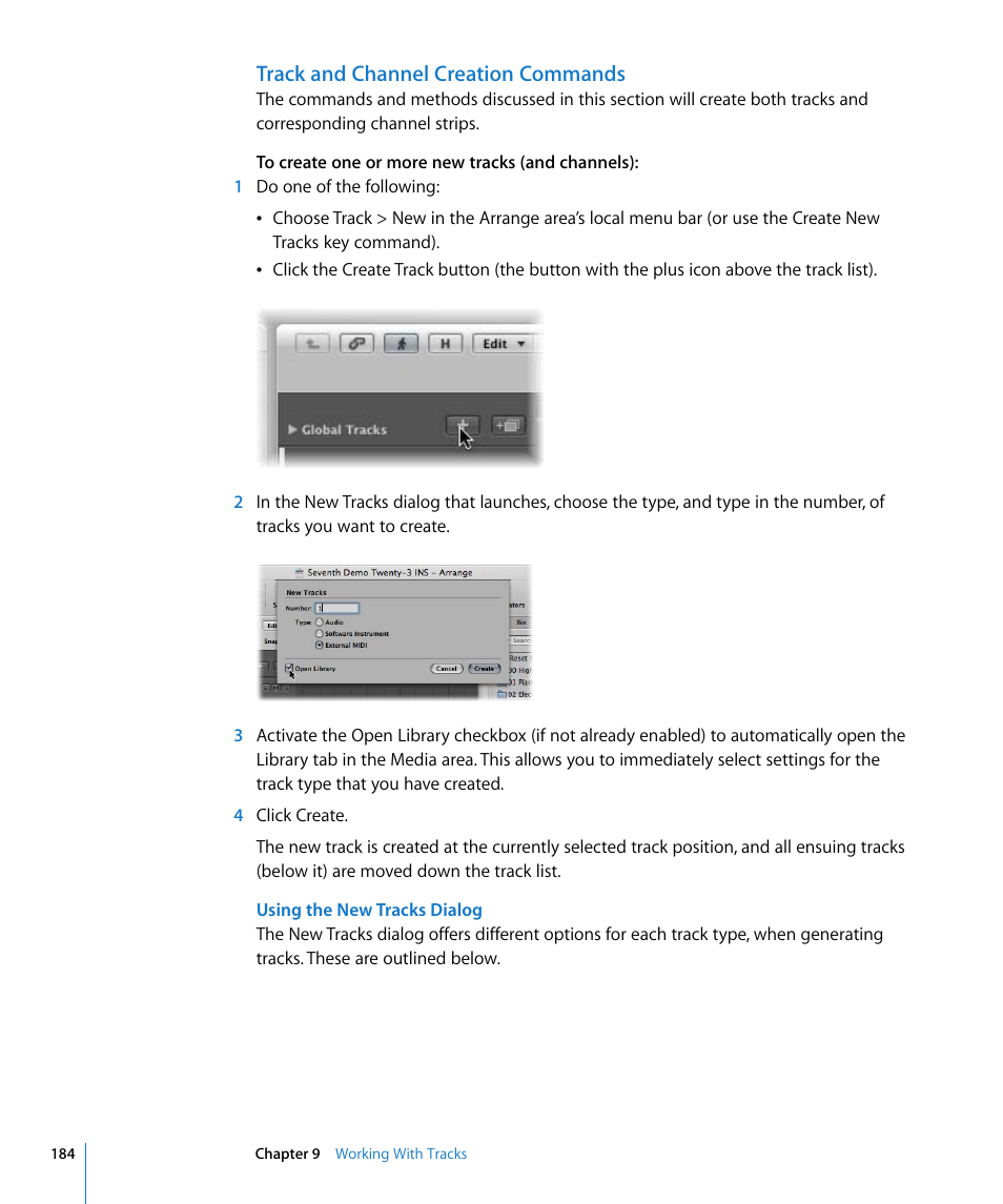 Track and channel creation commands | Apple Logic Pro 8 User Manual | Page 184 / 1030