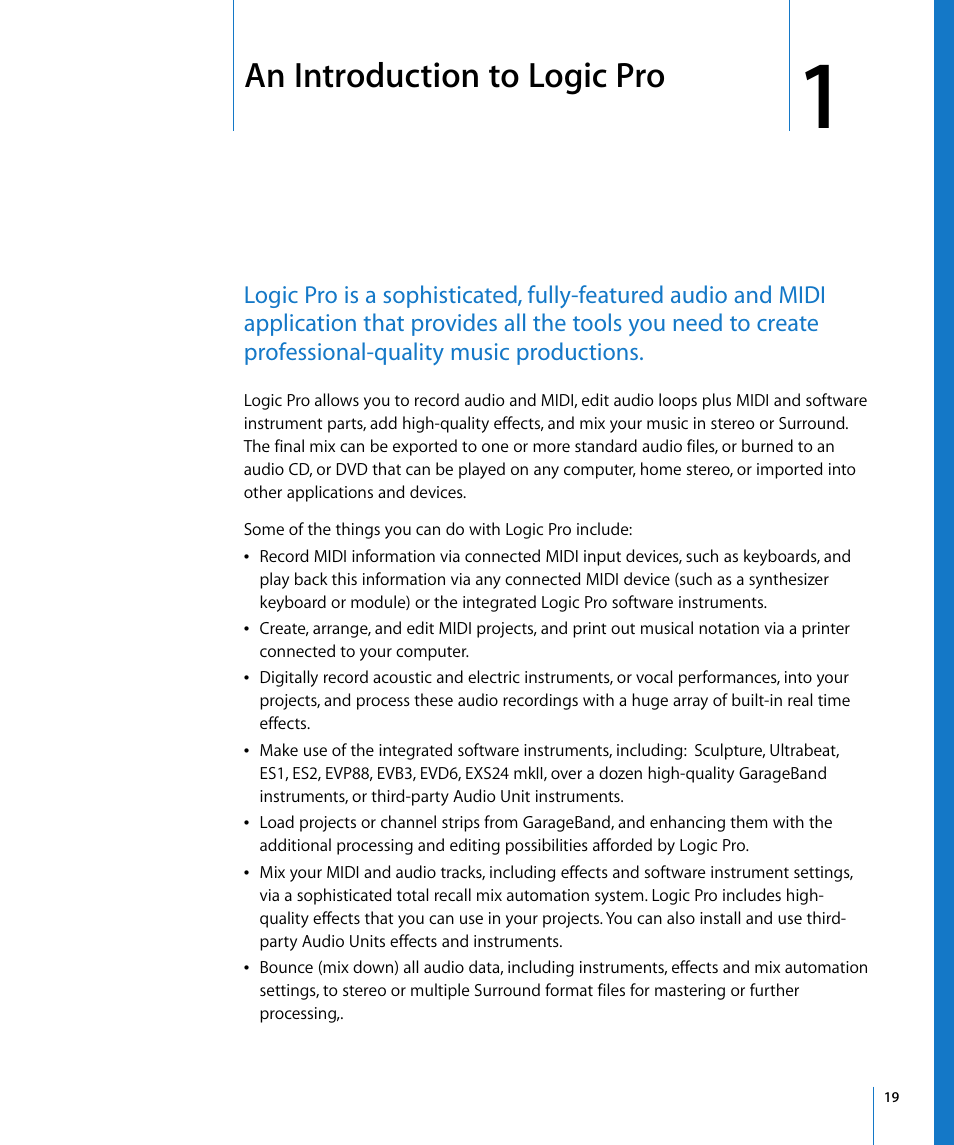 An introduction to logic pro, Chapter 1 | Apple Logic Pro 8 User Manual | Page 19 / 1030