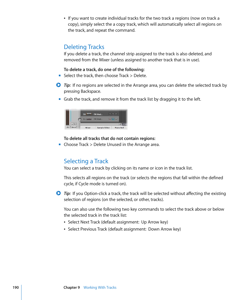 Deleting tracks, Selecting a track | Apple Logic Pro 8 User Manual | Page 190 / 1030
