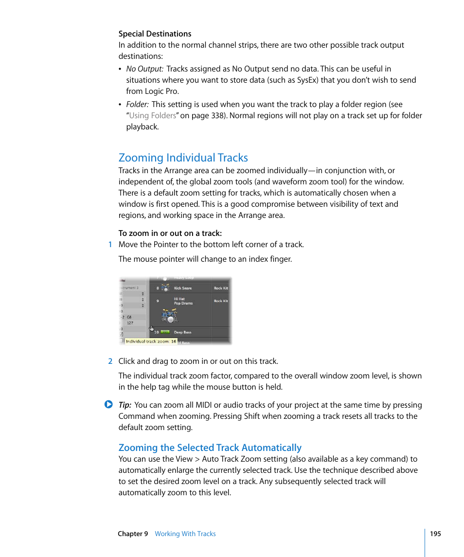 Zooming individual tracks, Zooming the selected track automatically | Apple Logic Pro 8 User Manual | Page 195 / 1030