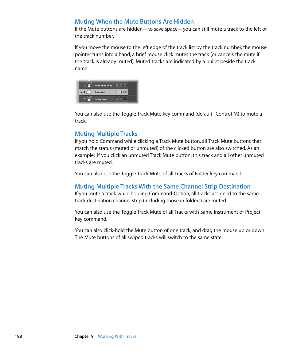 Muting when the mute buttons are hidden, Muting multiple tracks | Apple Logic Pro 8 User Manual | Page 198 / 1030