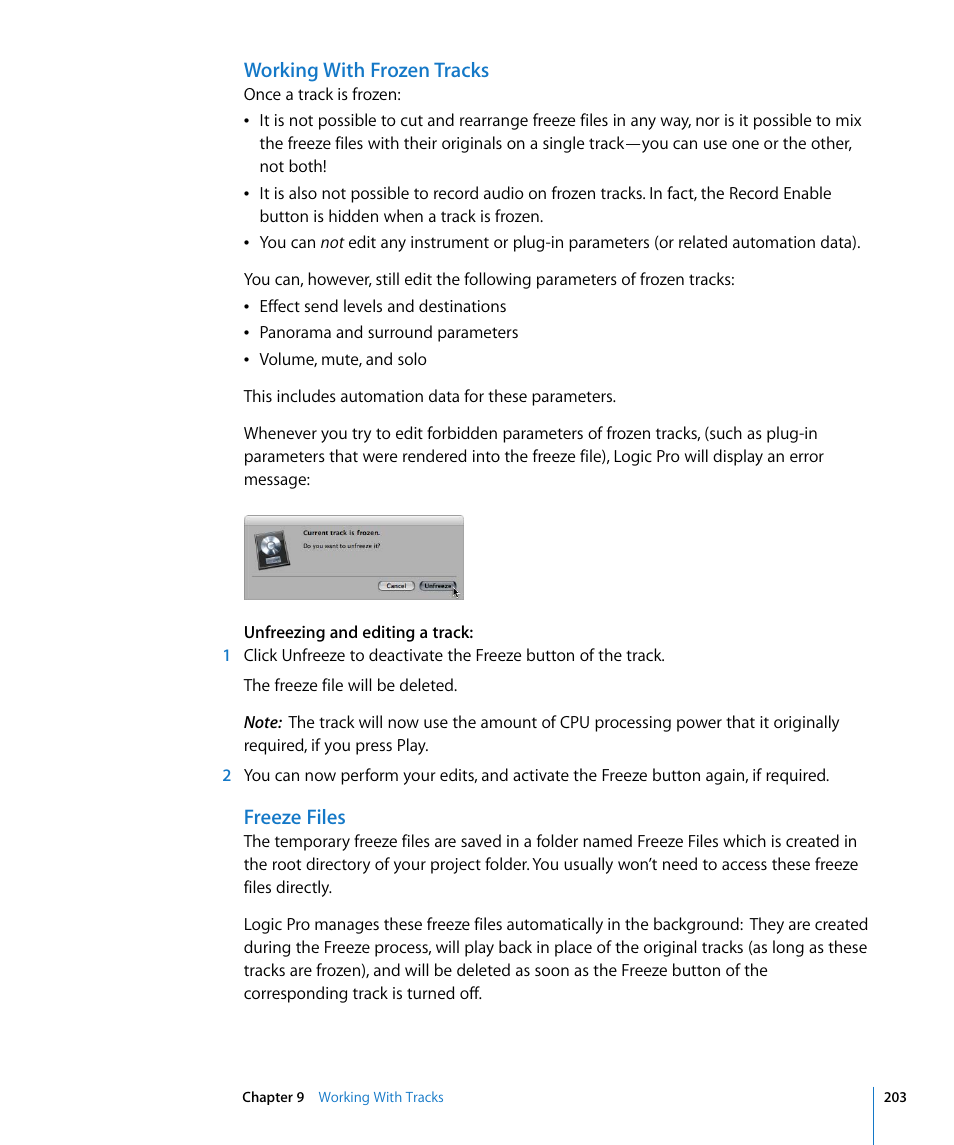 Working with frozen tracks, Freeze files | Apple Logic Pro 8 User Manual | Page 203 / 1030